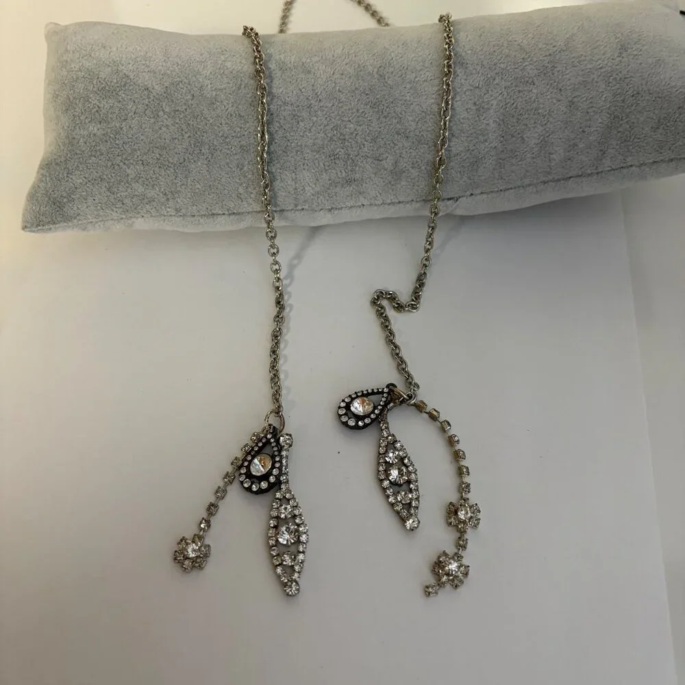 Silver-Tone Rhinestone Lariat Necklace Upcycled with Drop Pendants